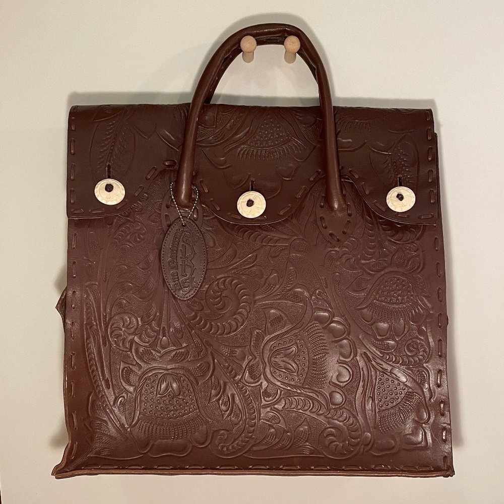 Large Dark Brown Hand Tooled Leather Traveler